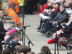 Then-Culture, Media and Sport Secretary Andy Burnham speaks at an official memorial event at Liverpool's Anfield Stadium to mark the 20th anniversary of the Hillsborough disaster in which 96 soccer fans died.