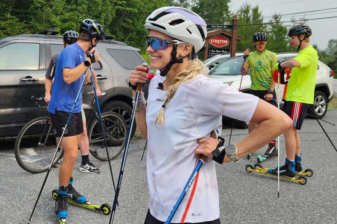 Jessie Diggins prepares to head out on a training run in the Green Mountains of Vermont on her roller skis.