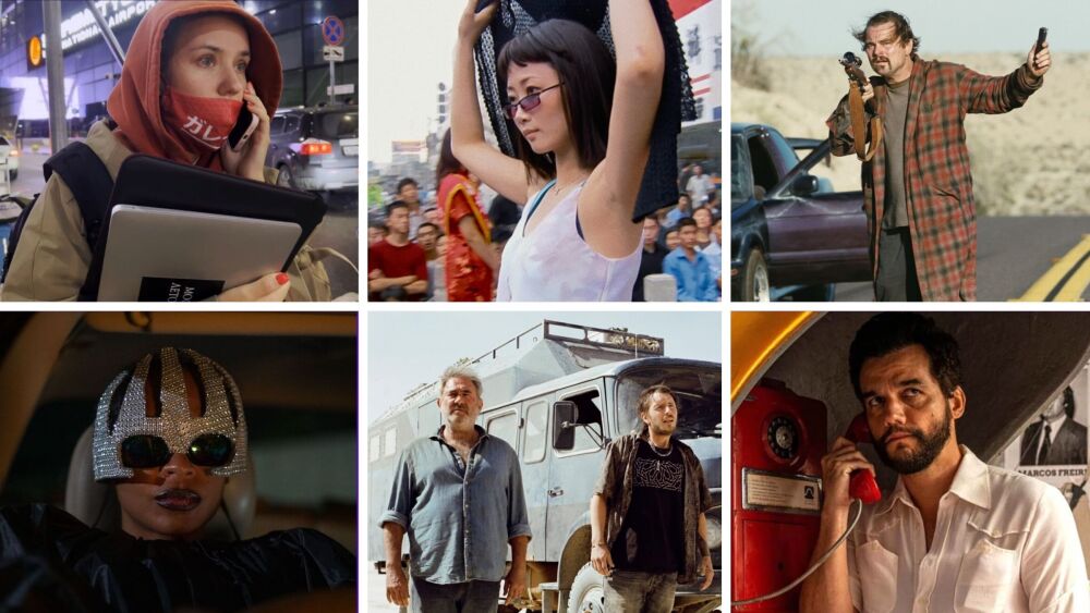Clockwise from top left: <em>My Undesirable Friends: Part I — Last Air in Moscow; Caught by the Tides; One Battle After Another; The Secret Agent; Sirāt; On Becoming a Guinea Fowl</em> (Focus Forum; Janus Films; Warner Bros. Pictures; NEON; NEON; Chibesa Mulumba/A24)