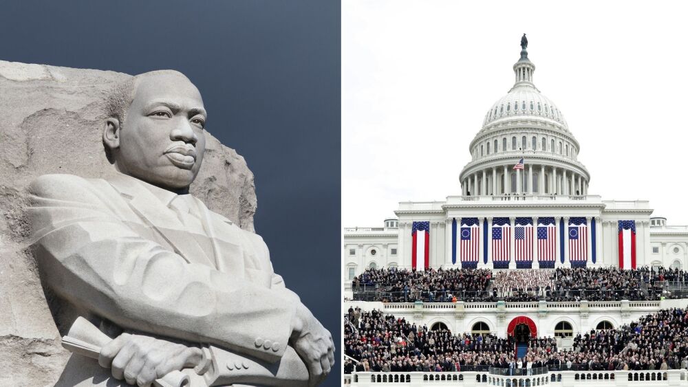 Side-by-side photos of the Martin Luther King, Jr. Memorial and Trump's 2017 inauguration, both in Washington, D.C. Almost a decade later, Trump will be sworn in for his second term on MLK Day. (Mandel Ngan/Getty Images; Alex Wong/Getty Images)