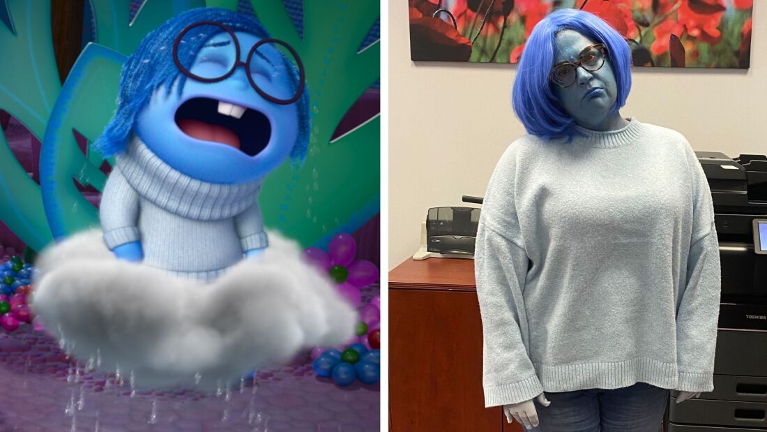 Left: The Inside Out character Sadness. Right: Clinical social worker Kristi Zybulewski dressed up as Sadness for Halloween with blue face and blue hair.