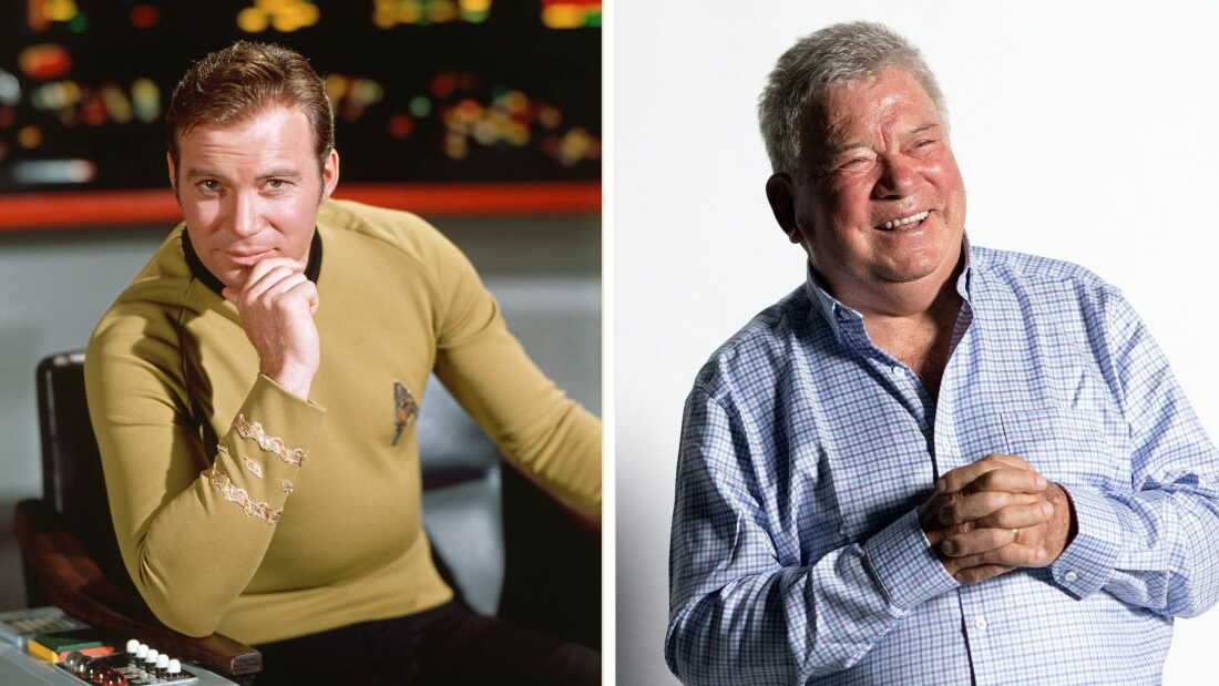 William Shatner as Captain James T. Kirk in Star Trek and, right, in California in 2023.