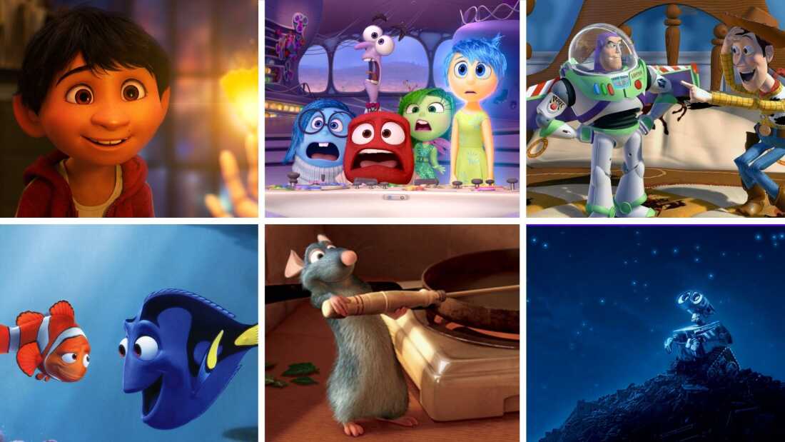 Nous avons demandé à nos auditeurs: quel est votre film Pixar préféré? Dans le sens horaire de gauche: Coco, Inside Out, Toy Story 3, Wall-E, Ratatouille et Finding Nemo