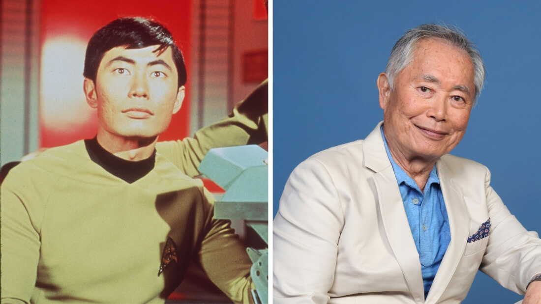 George Takei, left, as Sulu in Star Trek, and attending Comic-Con International in July 2019.