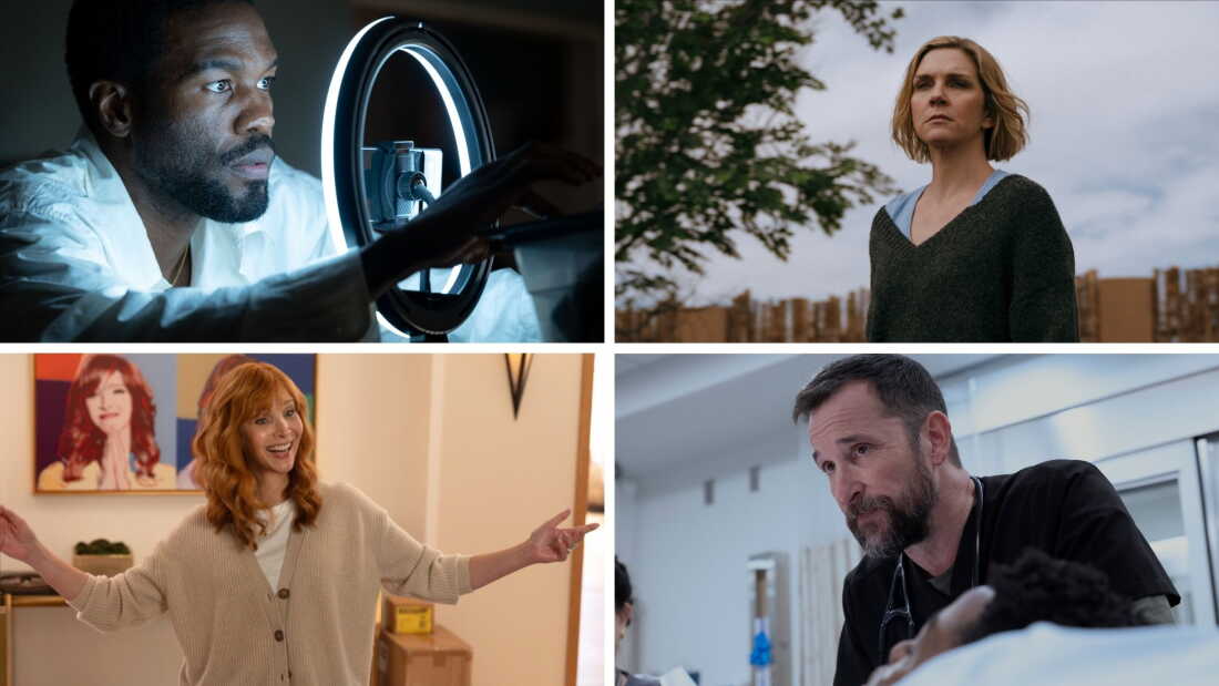Clockwise from top left: Yahya Adbul-Mateen II in Wonder Man, Rhea Seehorn in Pluribus, Noah Wyle in The Pitt, Lisa Kudrow as Valerie in The Comeback.