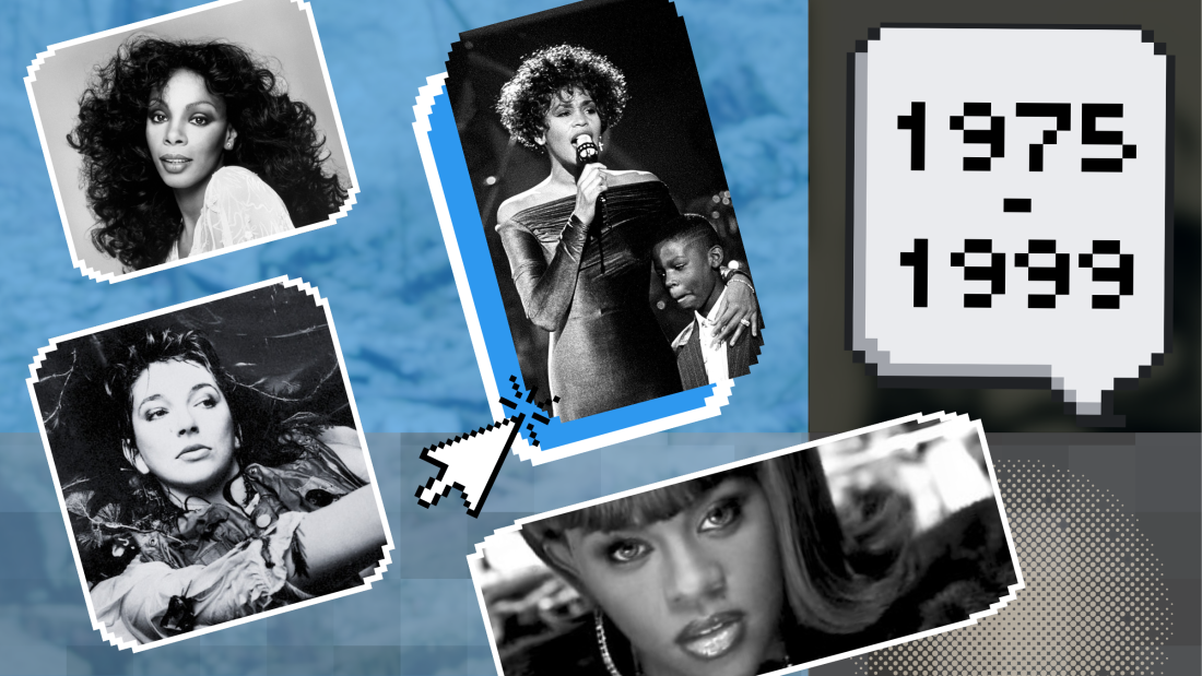 Clockwise, from top left: Donna Summer and Whitney Houston (courtesy of Wikimedia Commons), Lil' Kim and Kate Bush