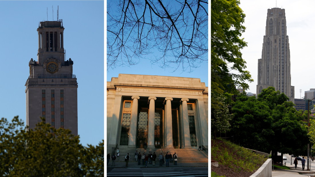 Side by side shots of the campuses of UT-Austin, MIT and Carnegie Mellon. 