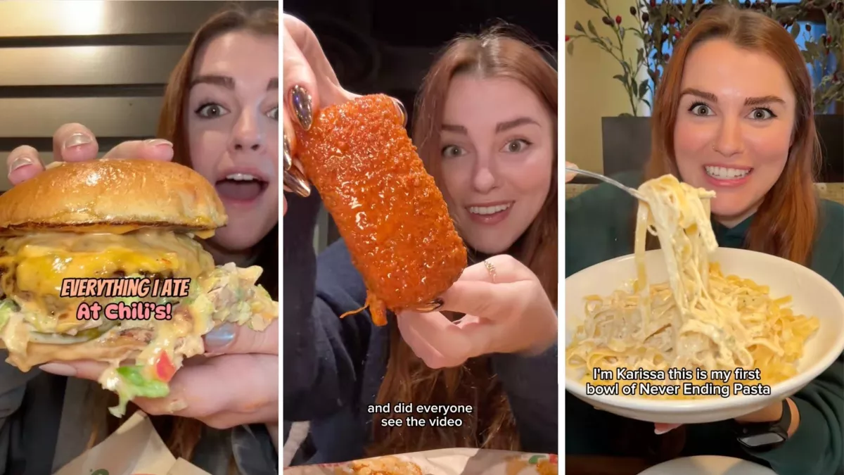 Images from Karissa Dumbacher's TikTok account, @karissaeats, where she makes videos about food. She has over 4.5 million followers on the platform.