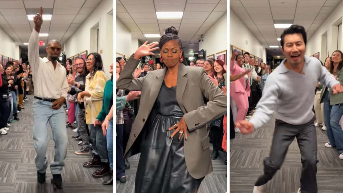 Celebrity guests Usher, left, Michelle Obama and Simu Liu make their way through The Spirit Tunnel during their appearances on The Jennifer Hudson Show.