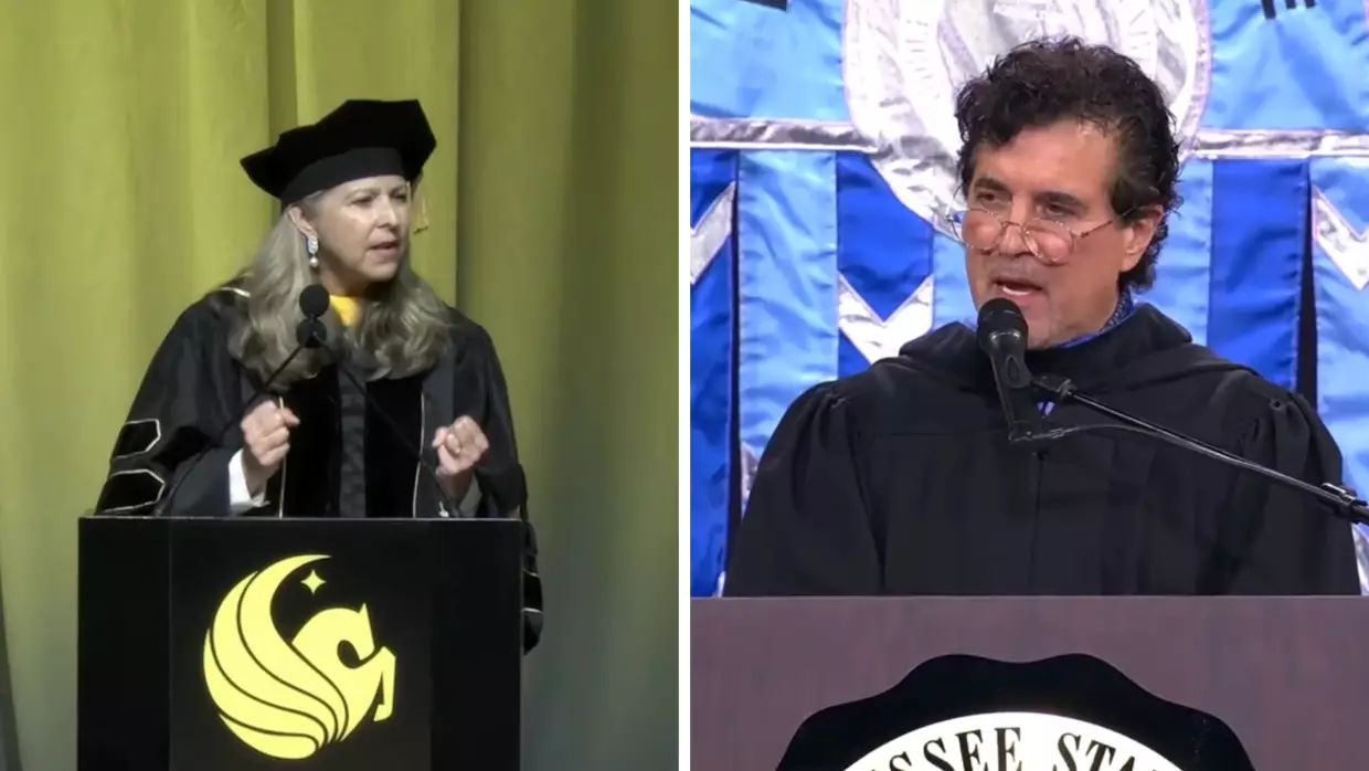 Real estate executive Gloria Caulfield (left) was the graduation speaker at University of Central Florida and Big Machine Records CEO Scott Borchetta spoke at Middle Tennessee State University's graduation. Both speakers were booed by students when they brought up artificial intelligence.