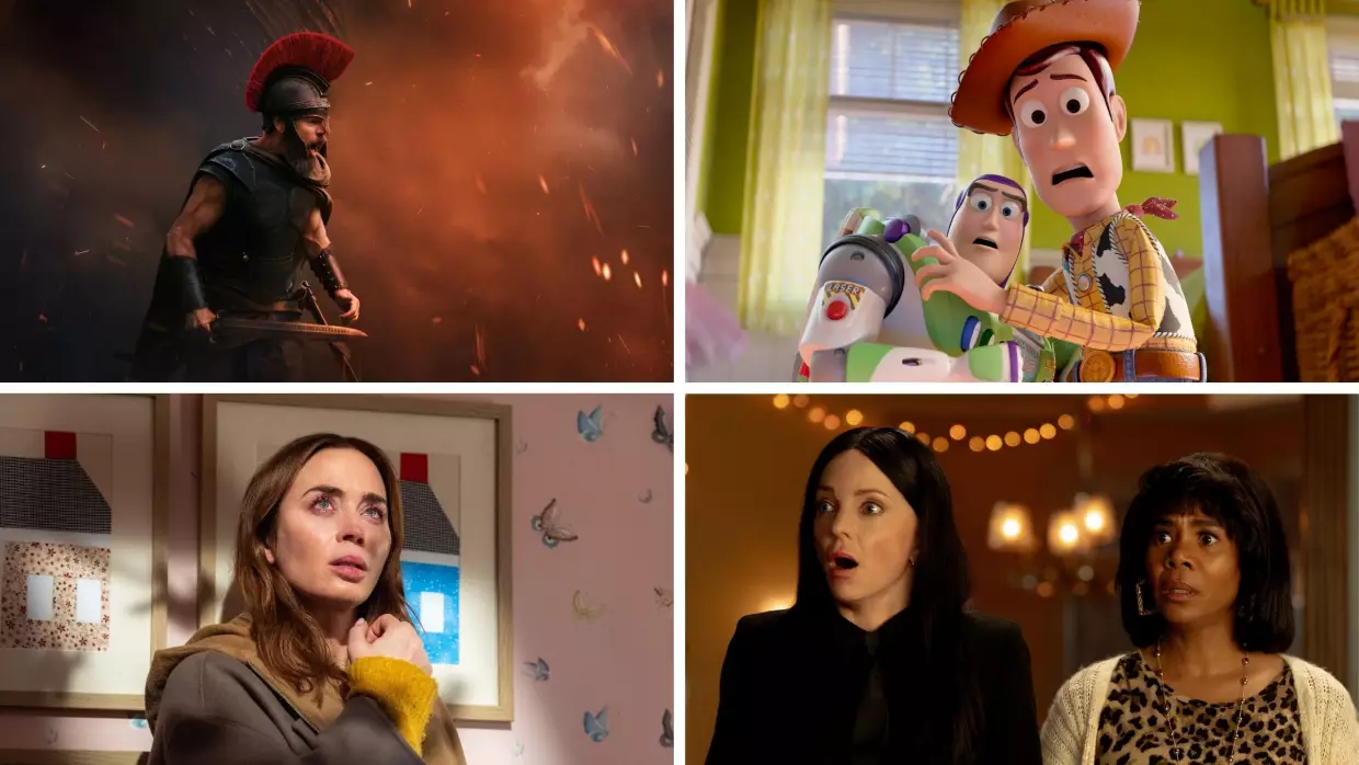 Clockwise from top left: <em>The Odyssey, Toy Story 5, Scary Movie</em> and <em>Disclosure Day.</em>