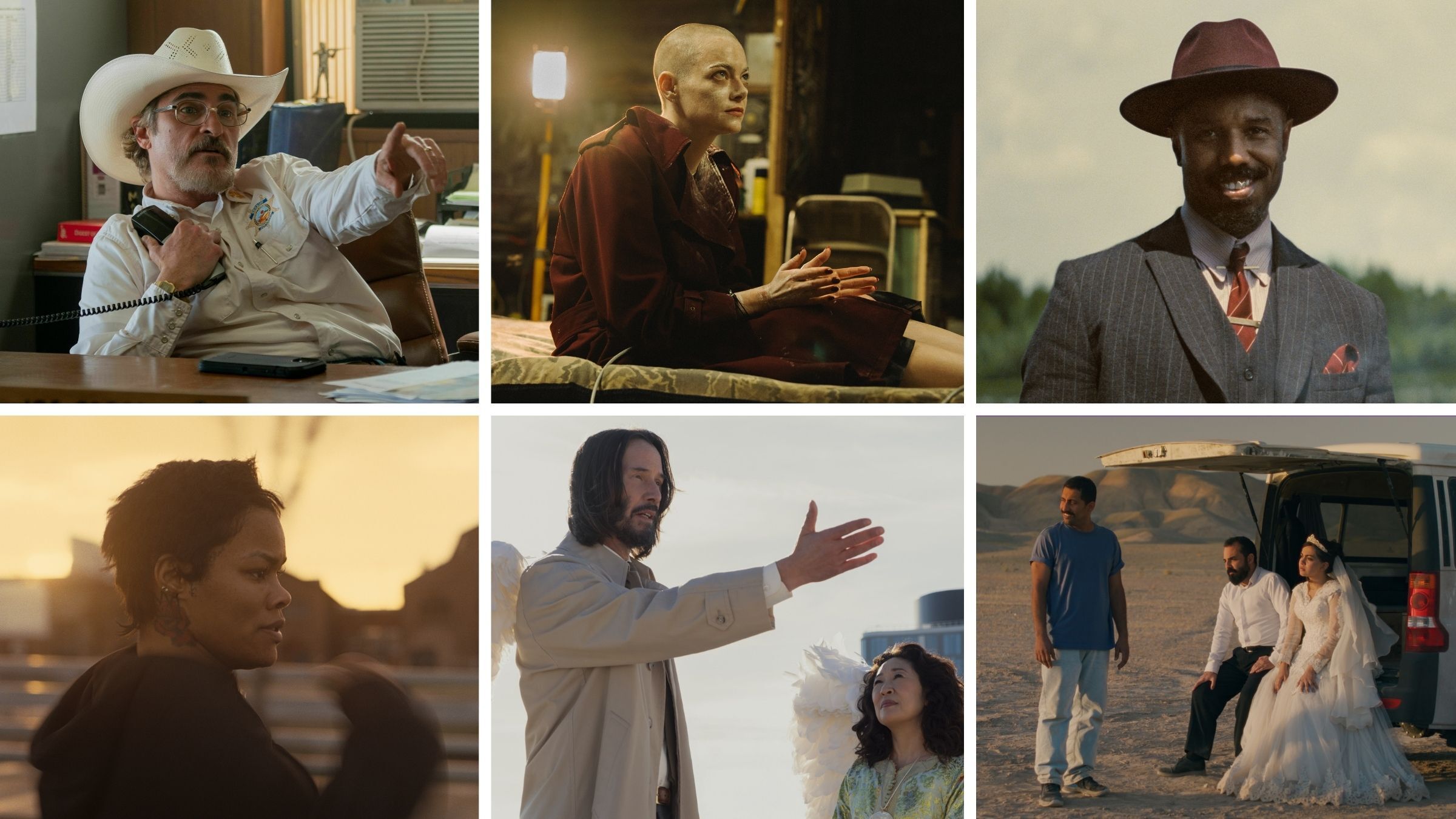 Clockwise from top left: stills from <em>Eddington, Bugonia, Sinners, It Was Just an Accident, Good Fortune, One Battle After Another,</em> (Richard Foreman/A24; Atsushi Nishijima/Focus Features; Warner Bros. Pictures; NEON; Eddy Chen/Lionsgate; Warner Bros. Pictures)