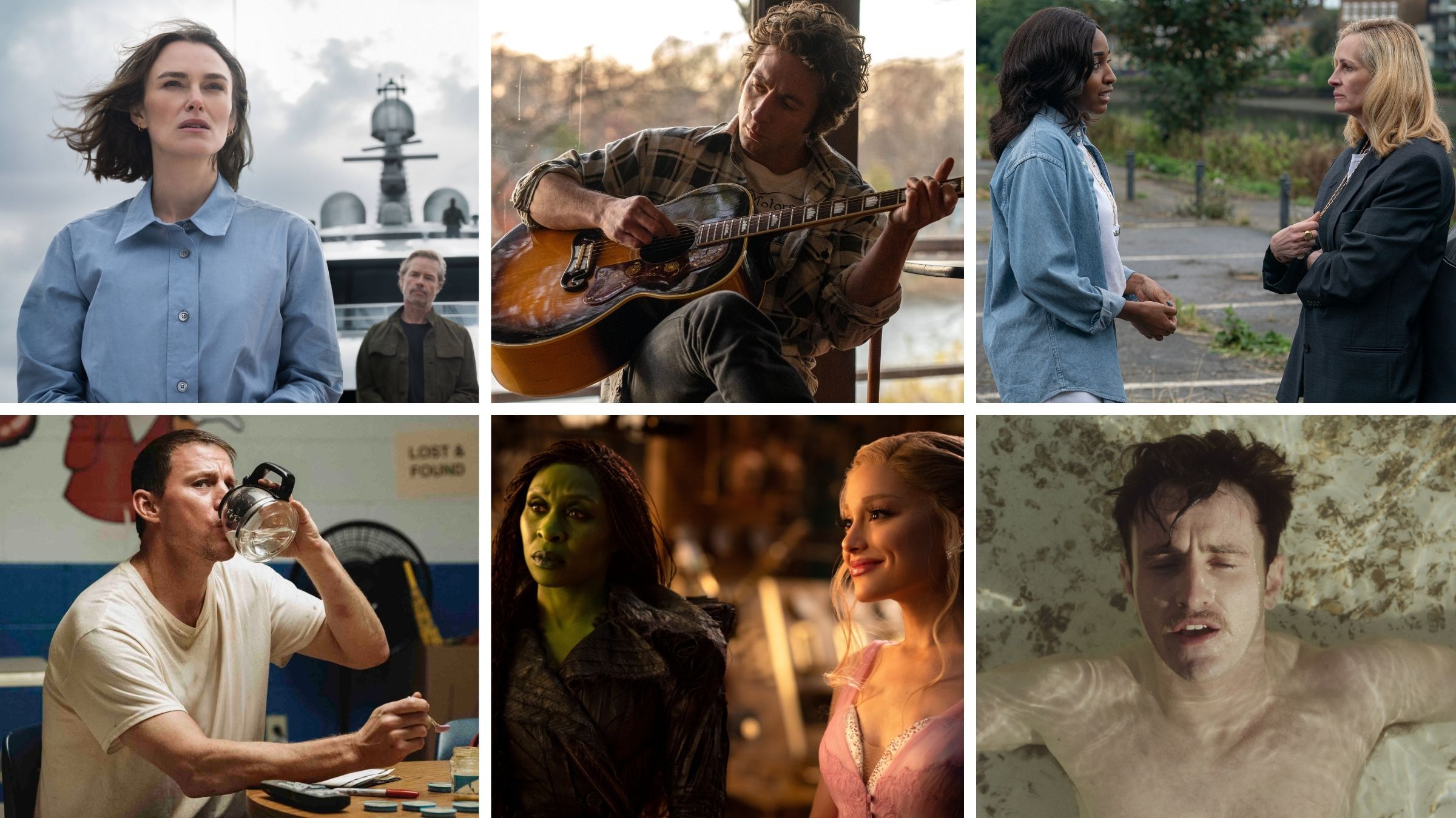 Clockwise from top left: <em>The Woman in Cabin 10; Springsteen: Deliver Me From Nowhere; After the Hunt; The History of Sound; Wicked: For Good; Roofman</em>