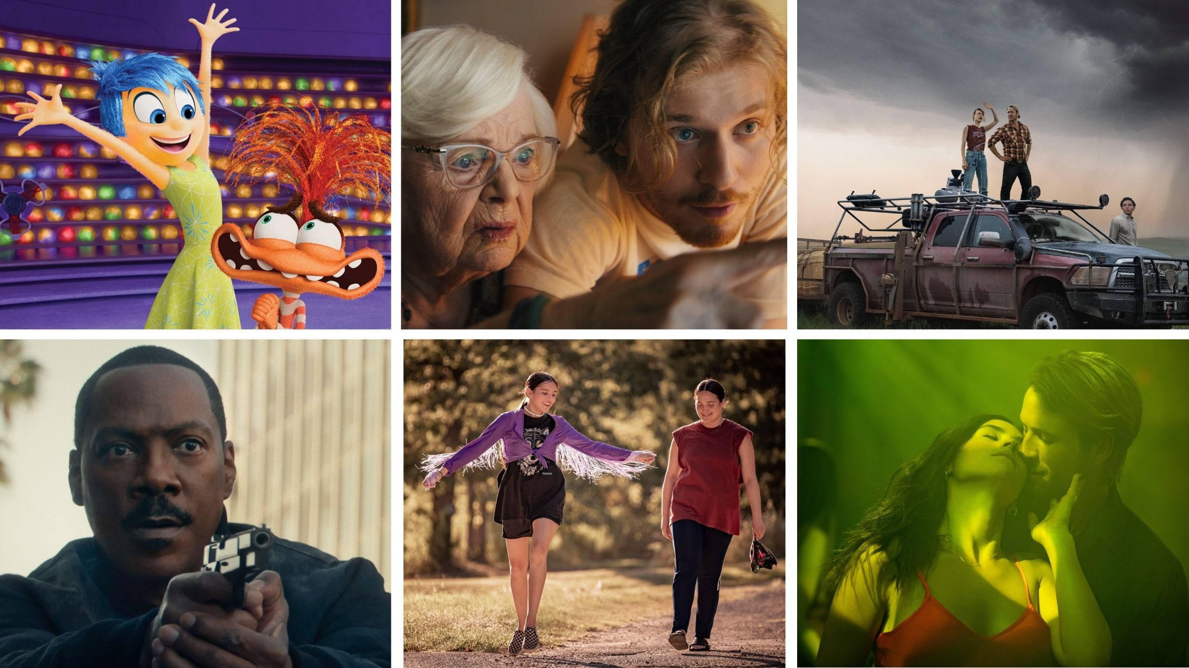  Clockwise from top left: <em>Inside Out 2</em>, <em>Thelma</em>, <em>Twisters</em>, <em>Hit Man</em>, <em>Fancy Dance </em>and<em> Beverly Hills Cop: Axel F</em>.
