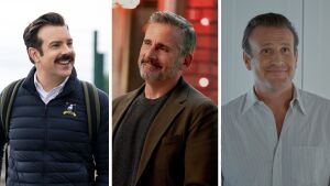 Jason Sudeikis in Ted Lasso, Steve Carell in Roosters and Jason Segel in Shrinking — all star in comedies from Bill Lawrence.