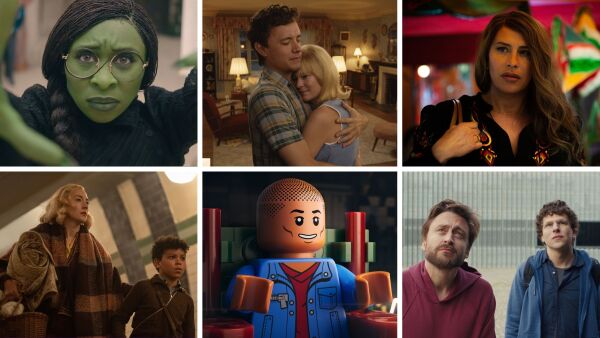 Clockwise from left: still images from the movies Wicked, Here, Emilia Pérez, A Real Pain, Piece by Piece and Blitz.