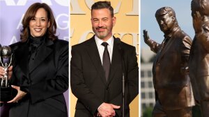 From left: former Vice President Kamala Harris, Jimmy Kimmel, some art.