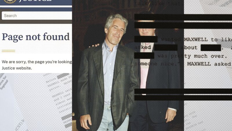 This collage shows a photo of Jeffrey Epstein standing with Donald Trump along with a heavily redacted Epstein file and a screenshot of the Justice Department website saying: "Page not found."