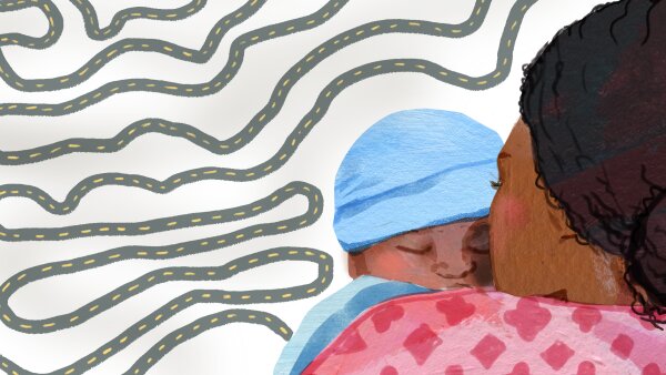 An illustration of the back of a Black woman’s head as she holds a baby with a blue cap that lays on her shoulder. 