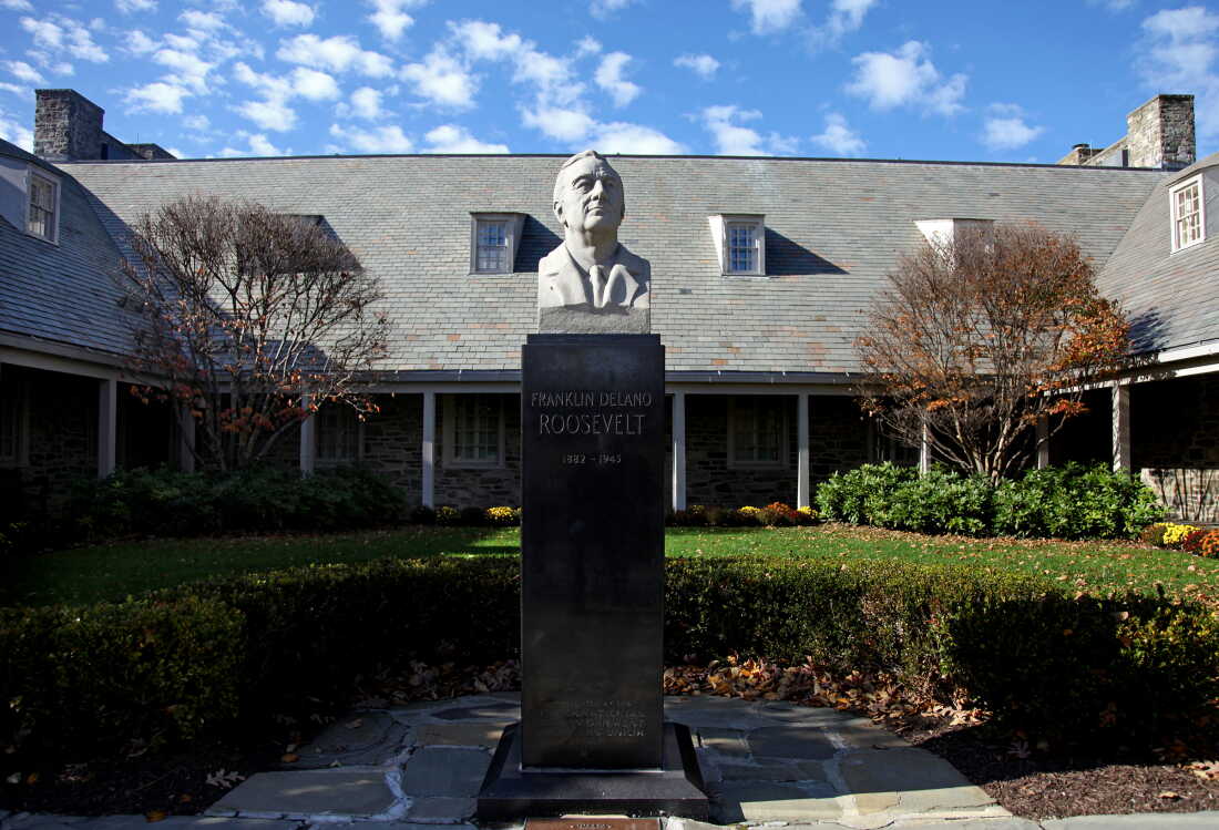 The bust of President Franklin D. Roosevelt stands in front of the Franklin D. Roosevelt Presidential Library and Museum in Hyde Park, N.Y.