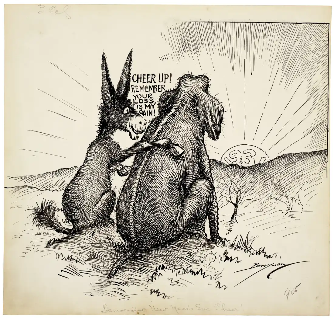 The "Democratic New Year's Eve Cheer" cartoon from Dec. 31, 1931, reflects the Democrats' win of the House that year after special elections.