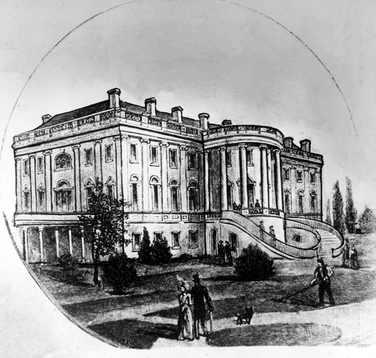 This etching shows the south front side of the White House in 1825, a year after the completion of the curved South Portico.