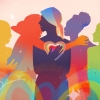An illustration that shows colorful silhouettes of people. The person in the middle is going through cancer treatment and wears a scarf on their head. There are two people on either side of the middle figure, leaning in to support them. Colorful stars and confetti-like dots are scattered around the image.