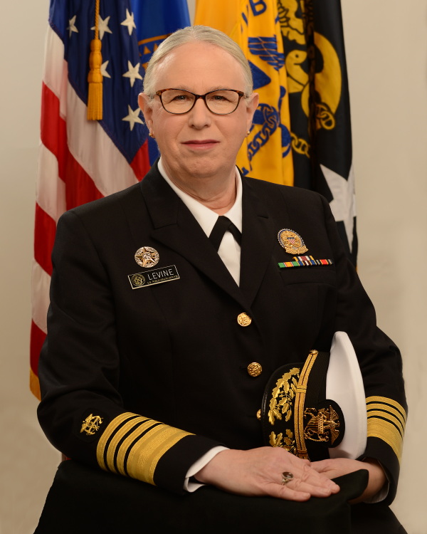 Adm. Rachel Levine's official portrait is a vertical photo of her, wearing her uniform.