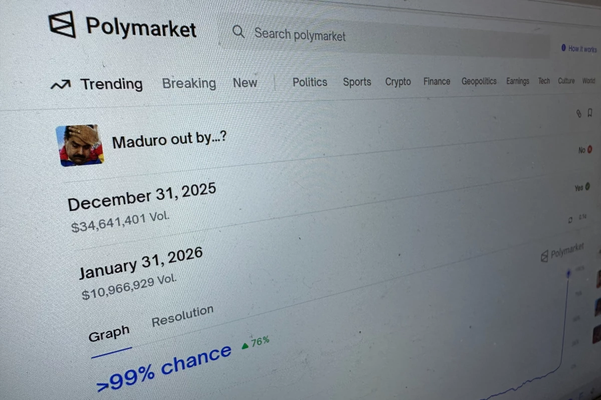 The Polymarket prediction market website is seen on a computer screen.