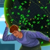 An illustration of an air traffic controller who looks sweaty and tired while holding a large black globe mapping airplane flights.