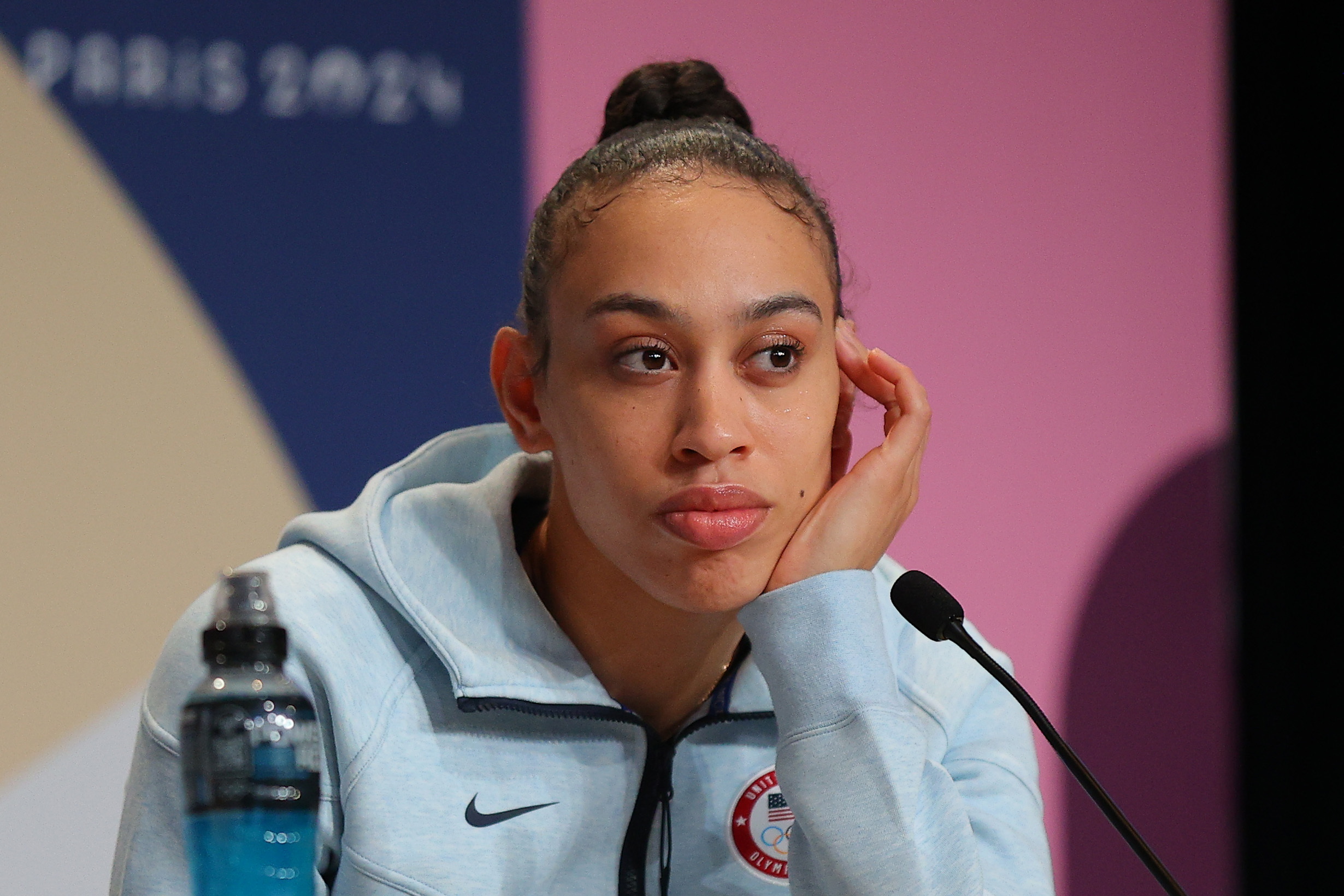 Dearica Hamby speaks during a Team USA 3x3 Basketball press conference in Paris in July. The U.S. women
