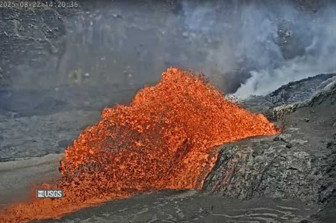 In this screenshot taken from video provided by the U.S. Geological Survey, the Kilauea volcano spews lava on Friday, Aug. 22, 2025, in Hawaii Volcanoes National Park, Hawaii.