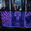 As seen on a TV monitor in the James S. Brady Press Briefing Room of the White House, President Trump speaks from the Cross Hall of the White House on April 1, 2026 in Washington, DC.