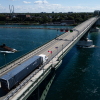 A truck passes over the Peace Bridge between Canada and the United States, in Fort Erie, Ontario, on August 18, 2026.