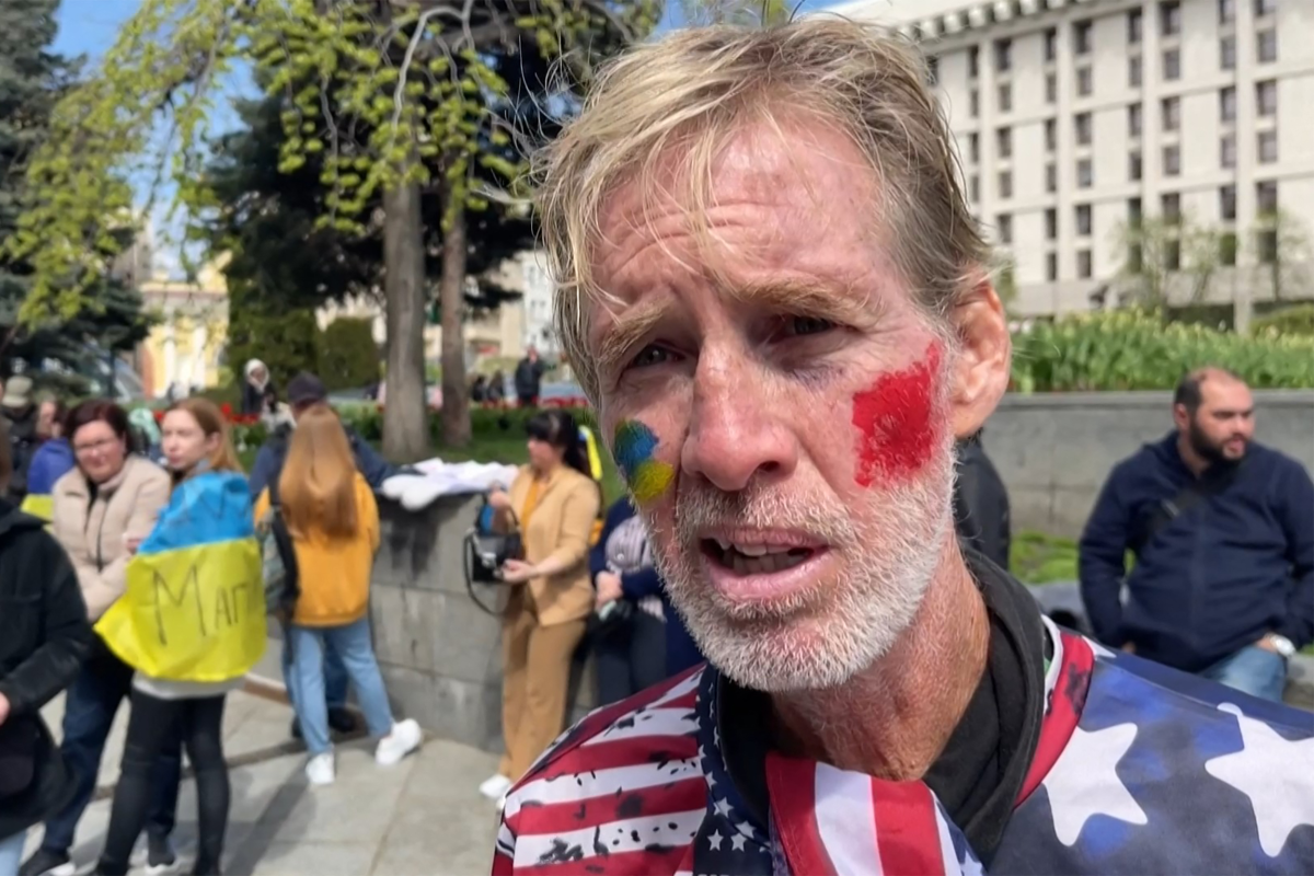 This screengrab shows Ryan Routh speaking during an interview at a rally to urge foreign leaders and international organizations to help provide humanitarian corridors for the evacuation of civilians and Ukrainian servicemen in Kyiv on April 27, 2022, amid Russia's invasion of Ukraine.