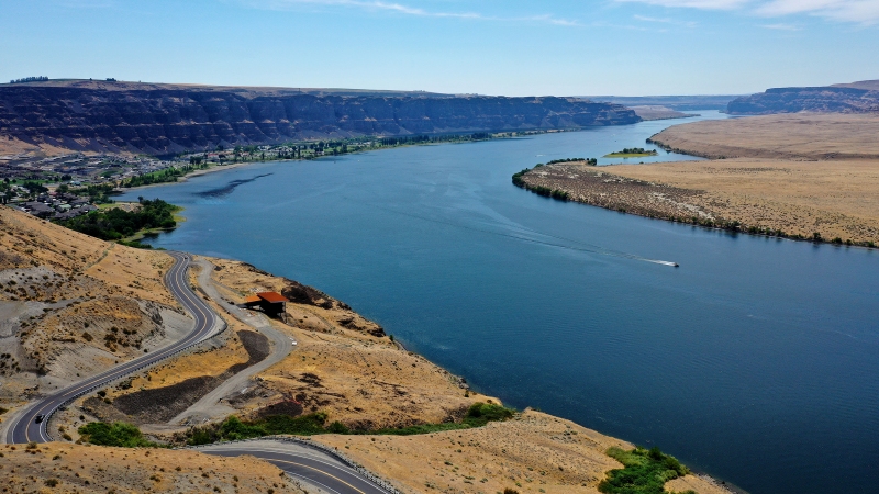 An aerial view of the Columbia River is shown on Friday, July 18, 2025, near Crescent Bar, Washington. KUOW Photo/Megan Farmer