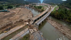 A bridge along Interstate 26 is destroyed in the aftermath of Hurricane Helene, Oct. 4, 2024, in Erwin, Tenn.
