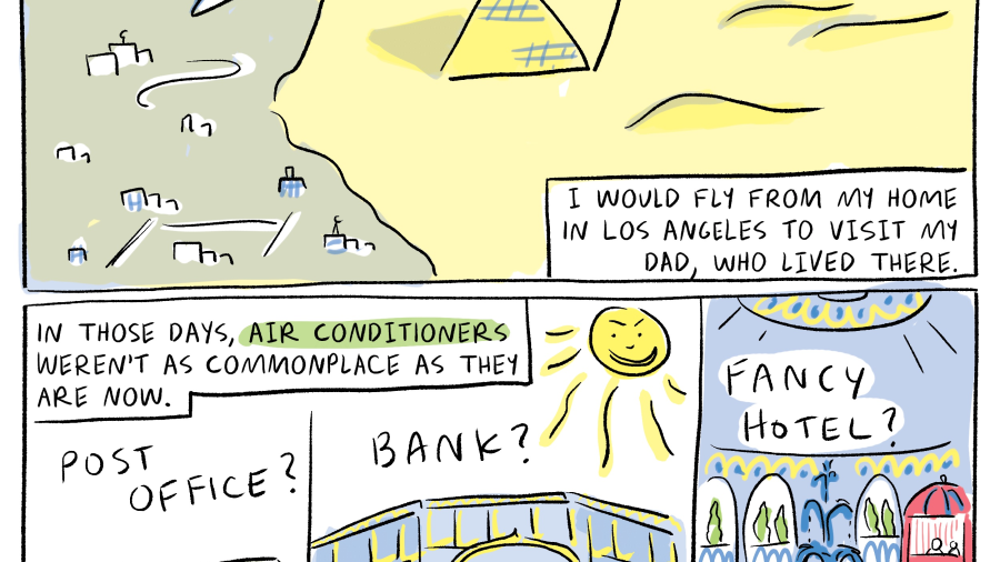 A screenshot from a comic by NPR's Malaka Gharib, about spending hot summers in Egypt with her father. 
