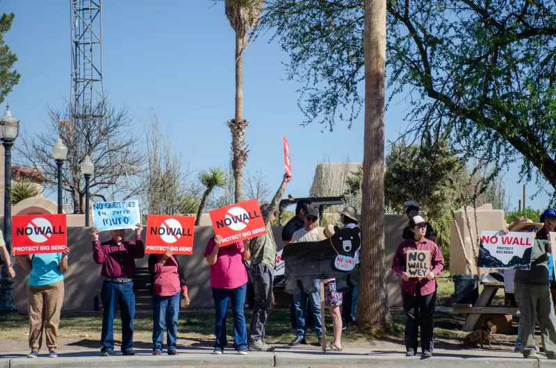 Landowners, river guides and residents throughout the Big Bend hold a rally against the proposed border wall in Presidio, Texas on March 21, 2026.