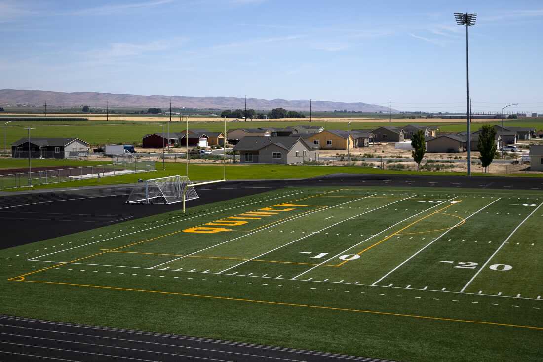 The football field at Quincy High School is shown on Friday, July 18, 2025, in Quincy, Washington. 