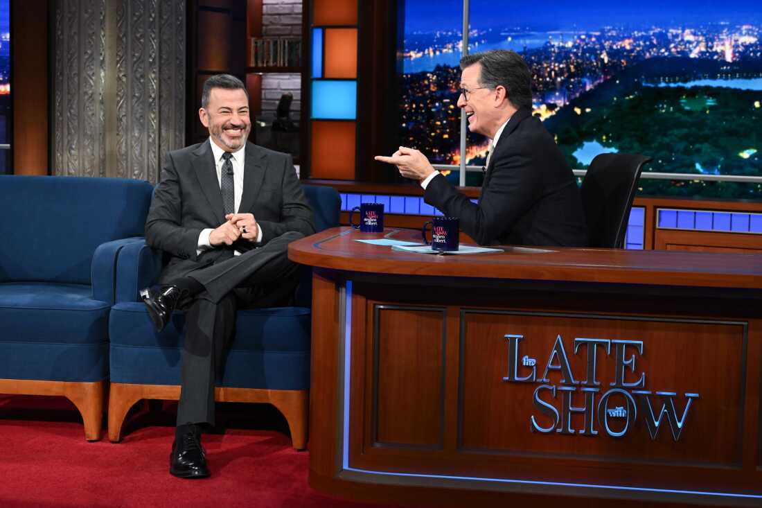 The Late Show with Stephen Colbert and guest Jimmy Kimmel during Tuesday’s September 30, 2025 show.