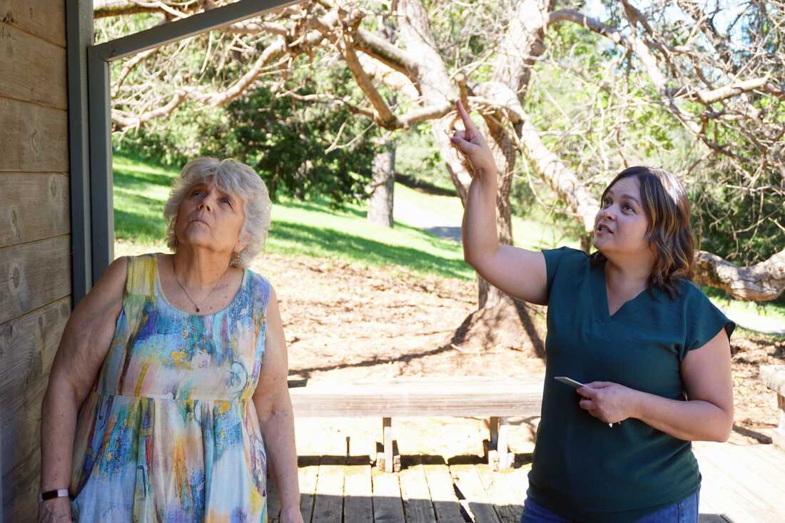 El Dorado County wildfire resilience officer Tanya Harlow looks at the home of Placerville resident Adele Montgomery. Her house is part of a new program to retrofit houses with fire-resistant materials, but has been stalled for a year due to delays at FEMA.