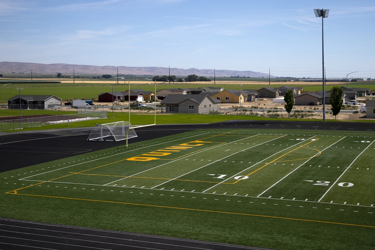 The football field at Quincy High School is shown on Friday, July 18, 2025, in Quincy, Washington.