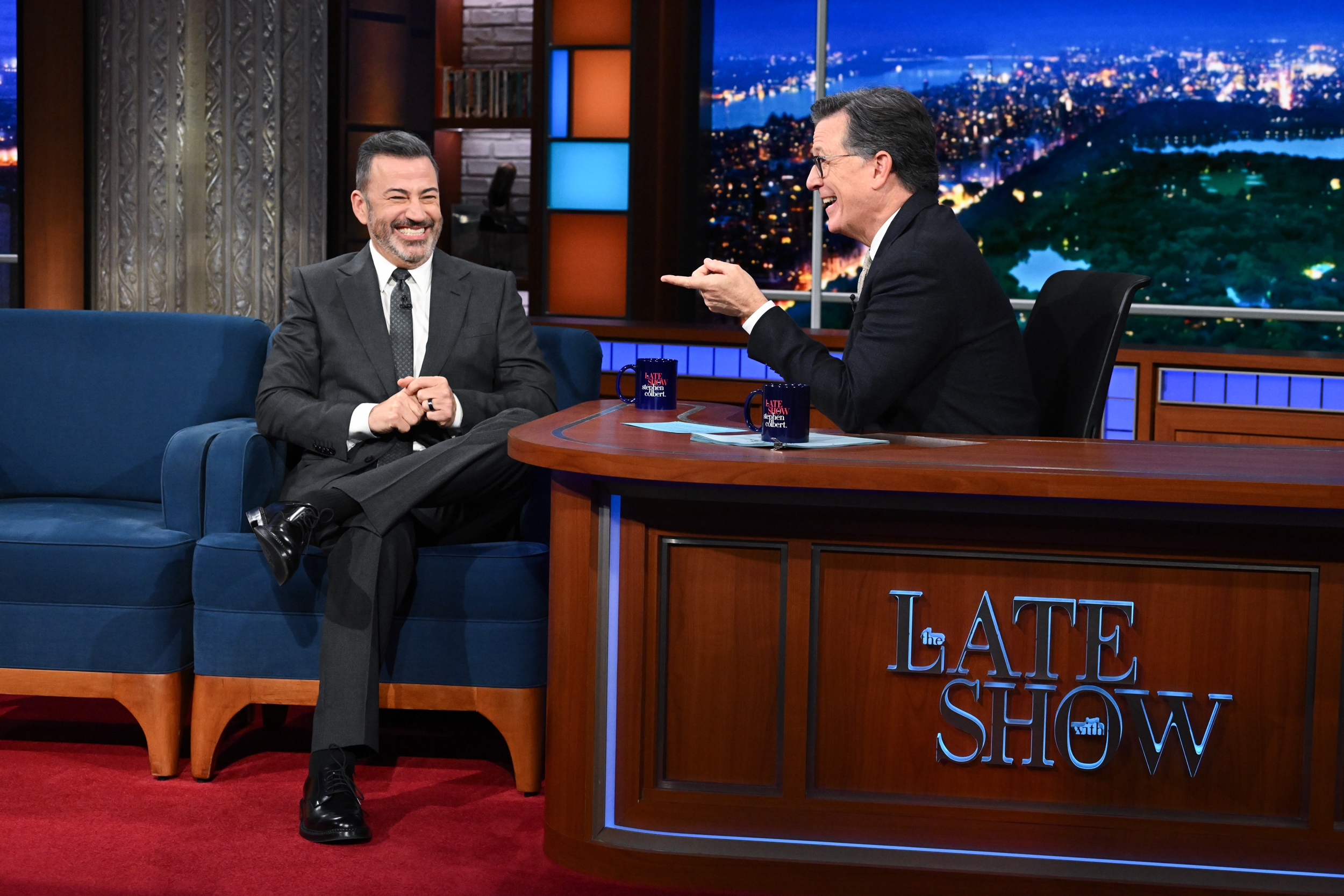 The Late Show with Stephen Colbert and guest Jimmy Kimmel during Tuesday