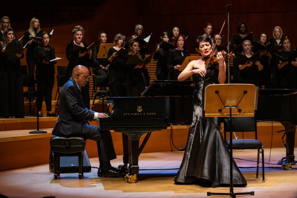 Billy Childs, left at the piano, wrote his first requiem, In the Arms of the Beloved, for violinist Anne Akiko Meyers, right, performed here with the Lyris Quartet and the Los Angeles Master Chorale.