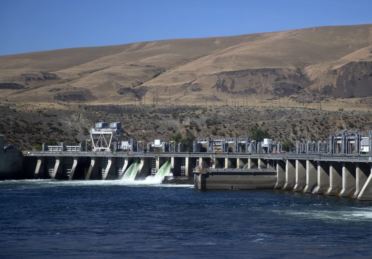 The Rock Island hydroelectric dam is shown on Friday, July 18, 2025, along the Columbia River between Chelan and Douglas counties. KUOW Photo/Megan Farmer