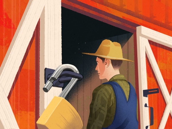 An illustration of a male farmer looking concerned as he sees an oversized padlock unlocked on the red barn door.