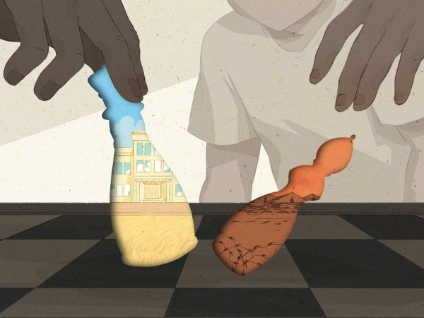 An illustration of two boys playing chess where one chess piece reveals a bright building and the other piece is falling over and reveals a desert camp.