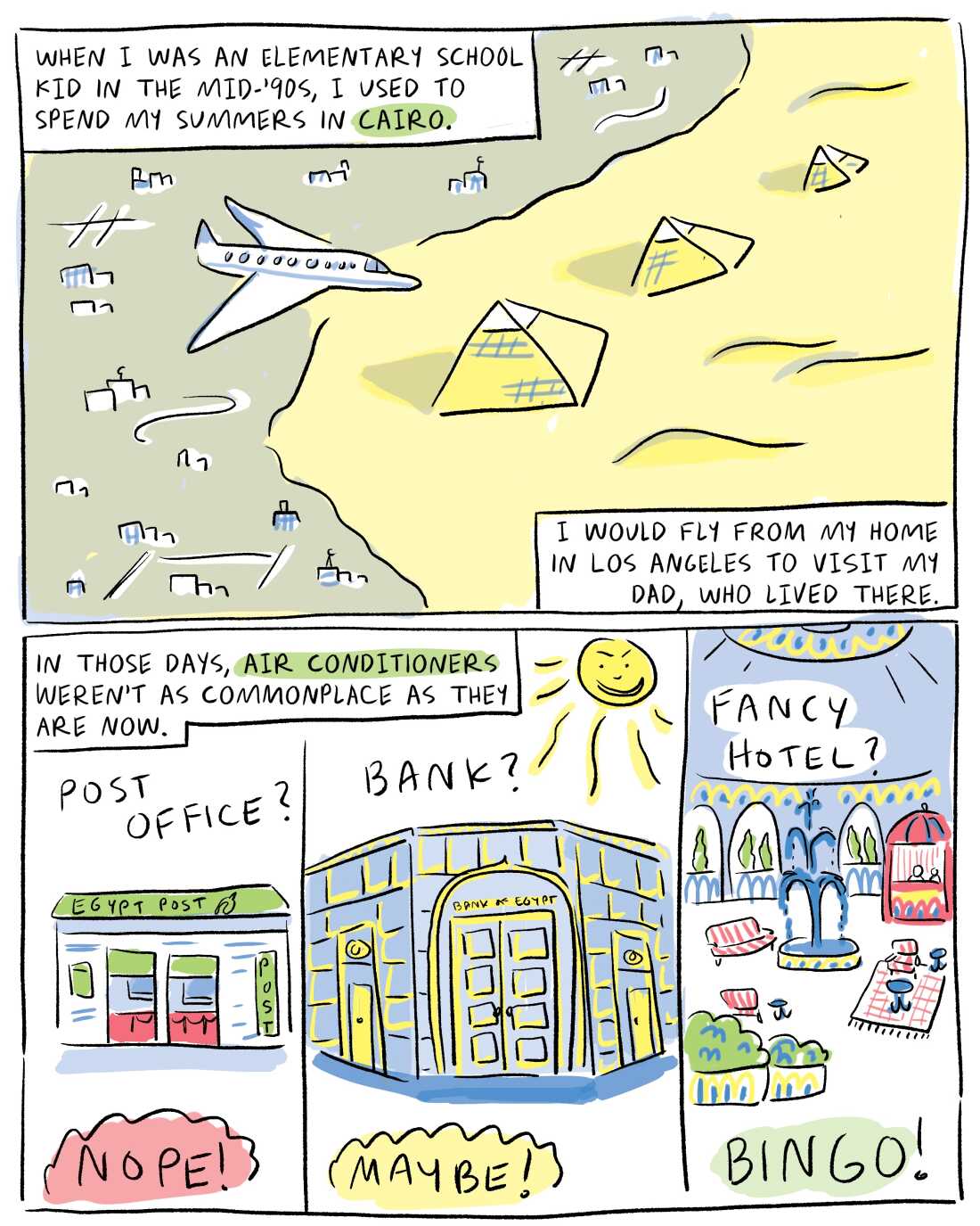 A cartoon depicting ways to keep cool in Egypt.