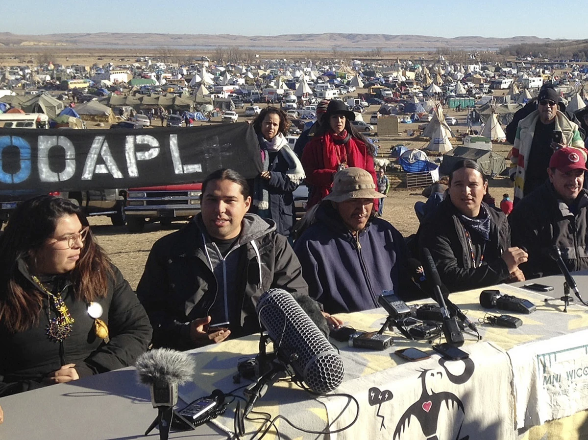 Organizers of protests against the construction of the Dakota Access oil pipeline spoke at a news conference near the building site in 2016. The company that built the pipeline, Energy Transfer, says the protests delayed its efforts and cost it millions in lost revenue, amongst other costs.